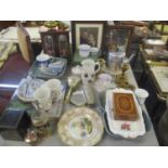 A mixed lot include Alfred Meakin carriage clock, vanity set, jewellery box and other items