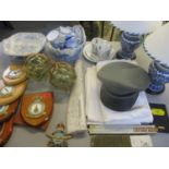 A mixed lot to include a pair of blue and white table lamps, RAF related items and ceramics