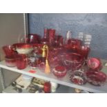 Victorian and later cranberry glass to include vases, a silver plated framed bowl, jugs and other