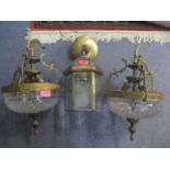 A pair of 1950s brass framed light fitting with cut glass bowls and a brass framed lantern centre