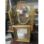A gilt framed triptych dressing table mirror, a small gilt framed wall mirror of rectangular form,
