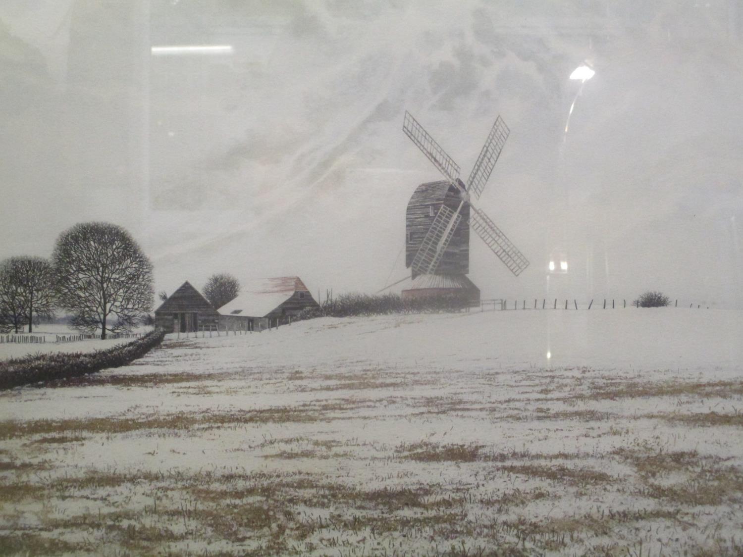 Paul Bisson - a winter landscape with a windmill and barn limited edition print 2/25 signed in