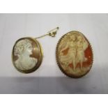 A 9ct yellow gold and shell cameo set brooch and a Victorian yellow metal shell cameo set brooch
