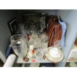 A mixed lot to include stamps, glassware, a leather briefcase and other items