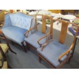 An early 20th century walnut framed, button back, blue upholstered sofa, together with two Chinese