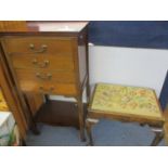 An early 20th century mahogany music cabinet, together with a walnut framed stool having a