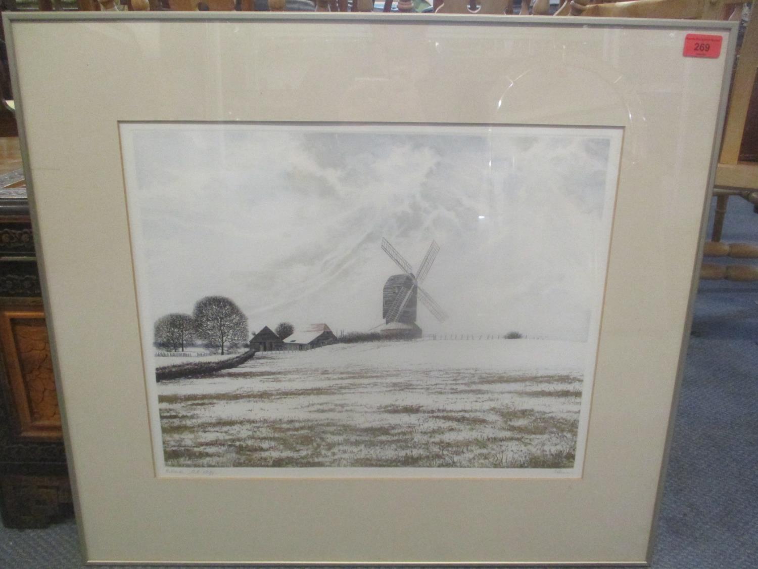 Paul Bisson - a winter landscape with a windmill and barn limited edition print 2/25 signed in - Image 2 of 4