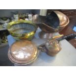 Victorian metalware to include a warming pan, coal bucket and other items