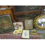 A group of pictures and a gilt framed Butler's mirror to include a Victorian Berlin wool-work