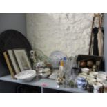 A large mixed lot to include silver plate, commemorative mugs, watercolours, a Staffordshire dog,