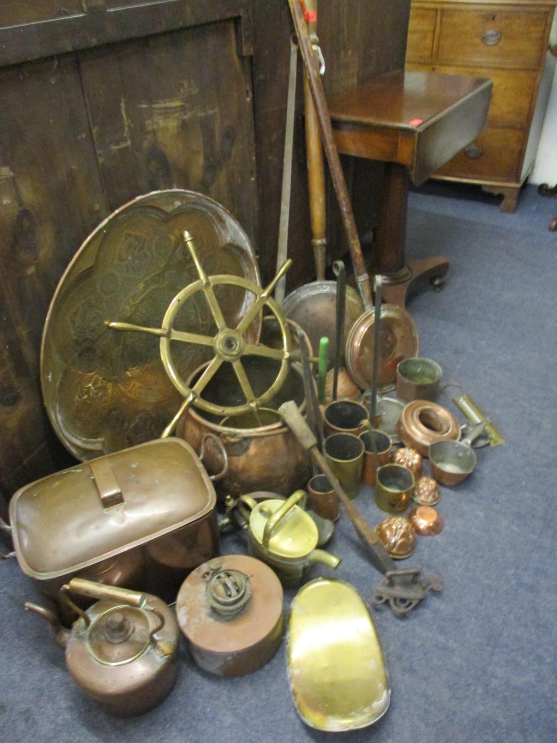 Victorian copperware and later to include a warming pan and cooking pots