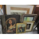 A small mixed lot of pictures to include an oil on board depicting a lady, oil on board seascape and