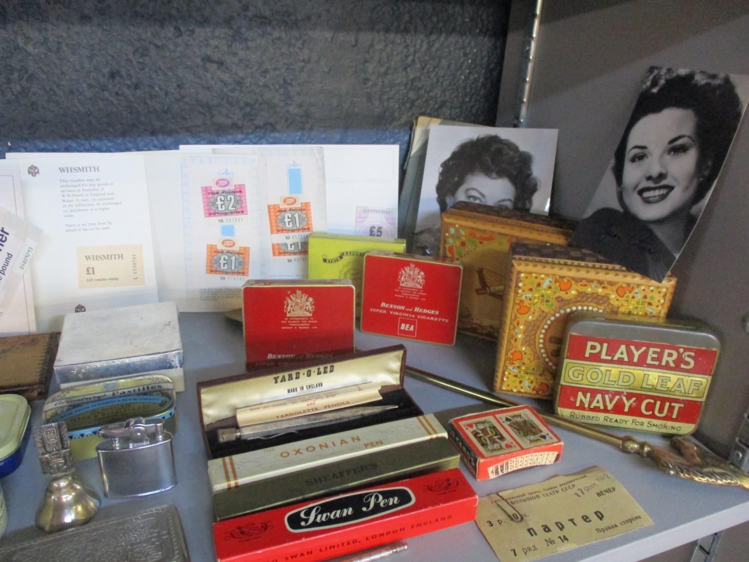 Vintage tins, cigarette boxes, signed film star photographic prints, lighters, pens, late 20th - Image 5 of 6