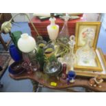 Lamps, decanters, Bristol blue and ruby flash cut glassware, watercolours of flora and ornaments