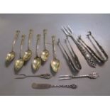 A set of six continental silver gilt spoons and other continental 800 silver items Location: CAB