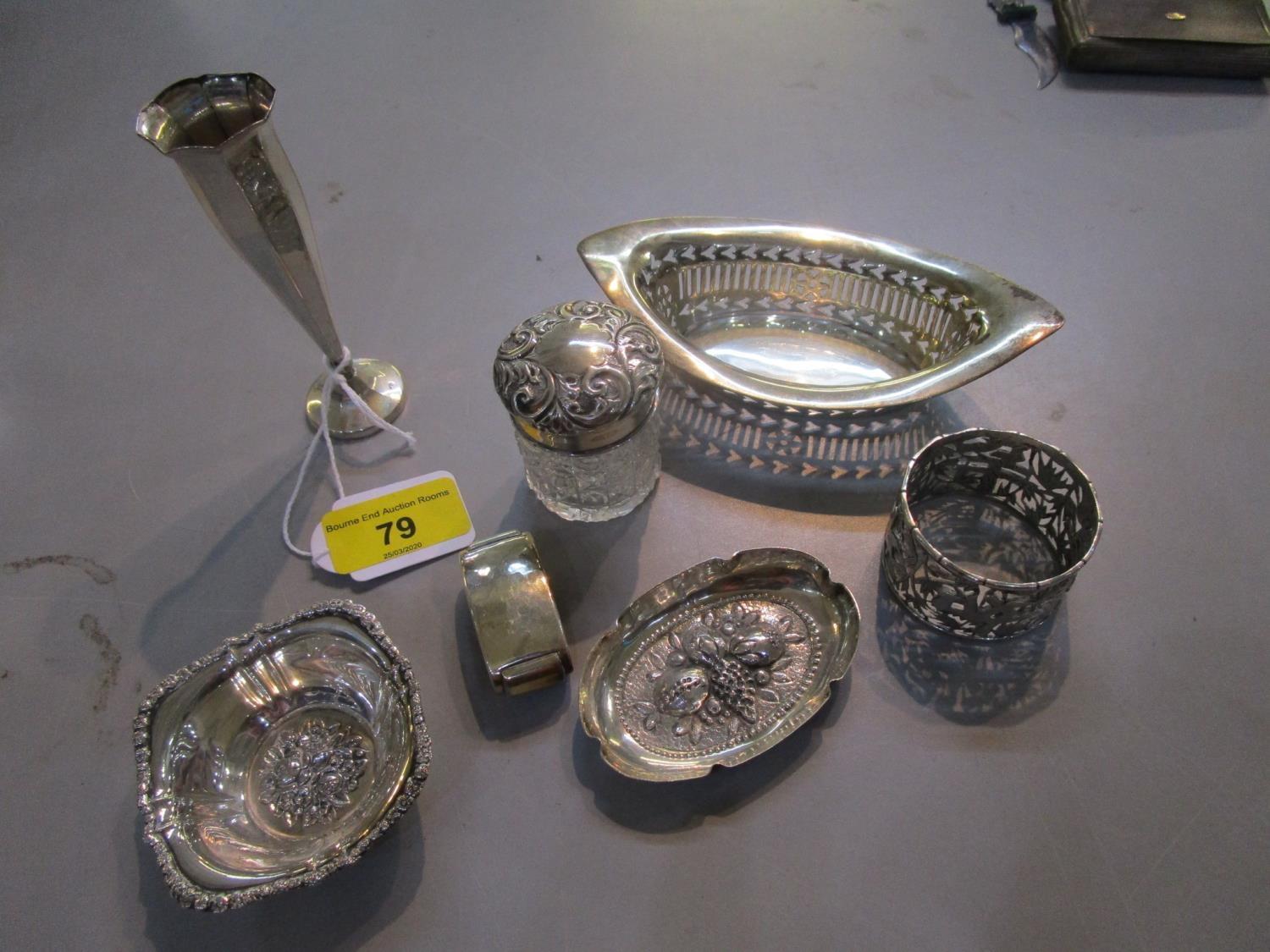 A group of German and English silver and white metal items to include a Chinese silver napkin ring