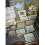 Mixed pictures to include prints of boats and watercolours of town houses Location: LWB