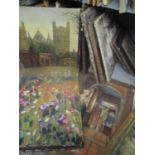 Mixed pictures to include a watercolour depicting an interior scene, still life oil on canvas and