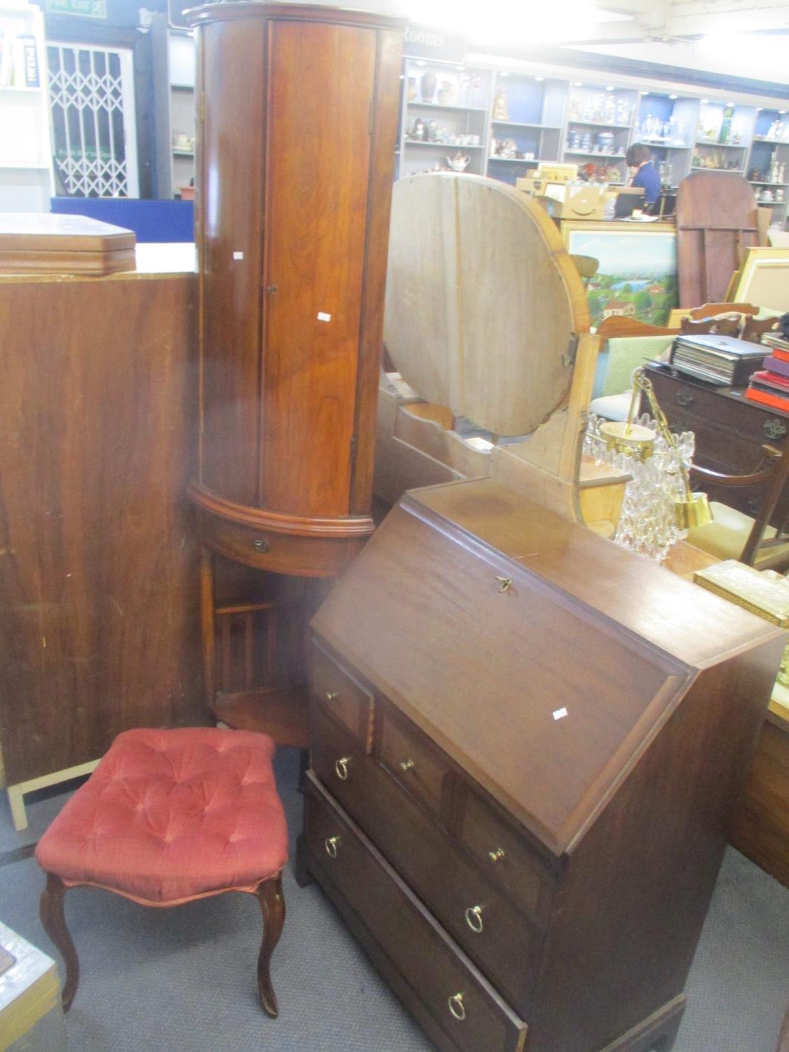 Mixed furniture to include a bureau, stool and a mahogany corner cabinet Location: RWF/RAM