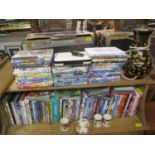 A mixed lot to include various DVSs, pottery table lamp, portable DVD player and Royal Chelsea china
