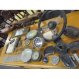 Car related items to include an Austin sign, a Ford sign, a Motec steering wheel and other vehicle