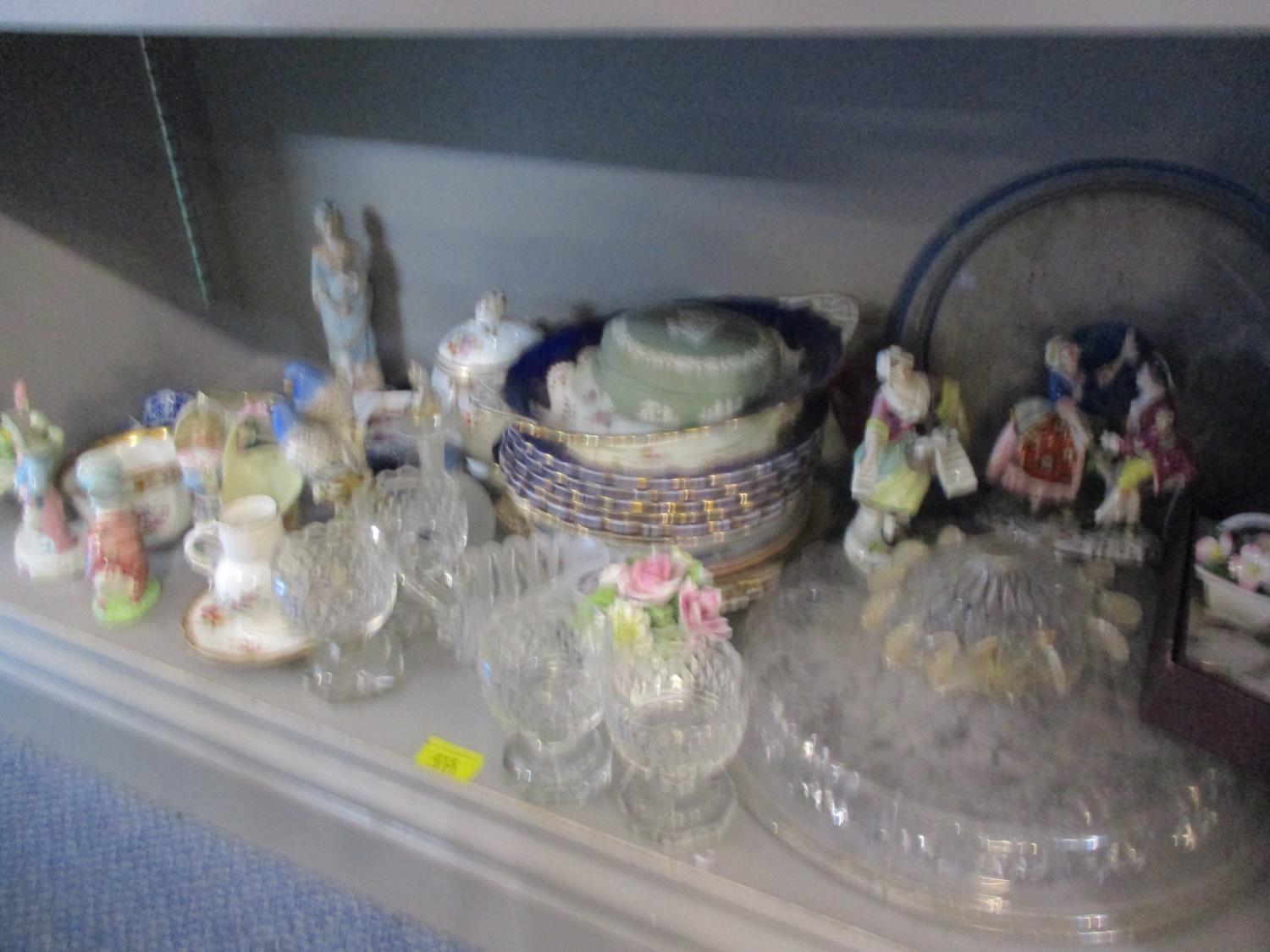 A lot of ceramics and glass to include a 19th century German porcelain figurine, Coalport part