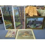 W Bird - three landscape oil paintings, framed, a print after Renoir and another after John