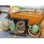 A mixed lot to include a warming pan, planters, watering can, tin trunk containing tools and other