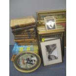 A mixed lot to include framed pictures, books magazines, costume jewellery, carriage clock,