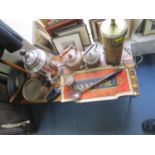 A selection of vintage household items to include a printing wood block roller converted to a