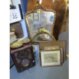 A selection of framed and glazed pictures, a Bush radio, gilt framed wall mirrors to include two