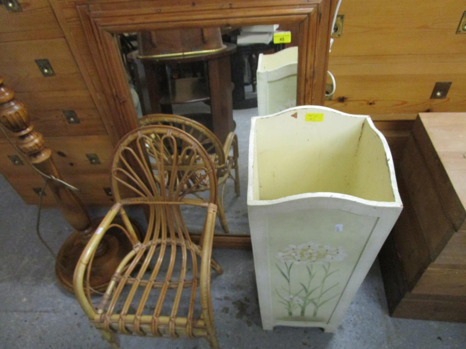 A contemporary pine wall mirror, small cane child's chair, a painted umbrella stand, a metal wine - Image 2 of 3