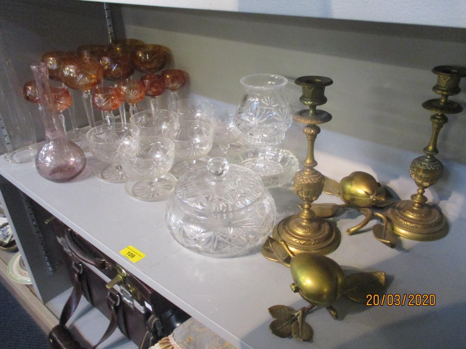A mixed lot to include glassware and metal to include coloured hock glasses with line cut