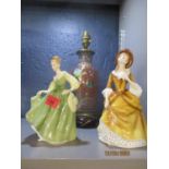 A satsuma vase in the form of a lamp A/F and a Doulton figure and companion, along with a