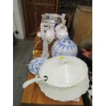 A selection of ceramics to include a Lladro figural table lamp, Italian Spode blue and white bowl, a