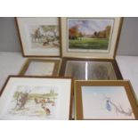 Mixed pictures to include two watercolours depicting hunting scenes and others