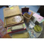 A group of vintage games and other items to include a miniature wooden bagatelle game with metal