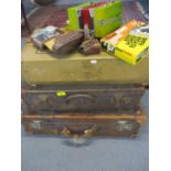 Two vintage suitcases, a vintage Chiswick laundry box and vintage cameras to include a Zeiss Contax,