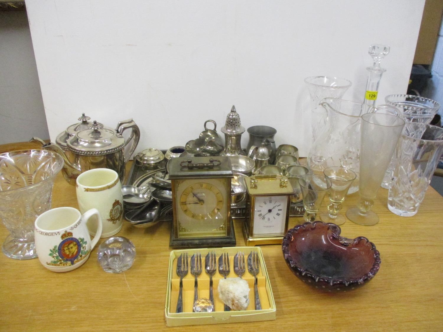 A quantity of late 20th century silver plated items, cut glass, two carriage clocks and
