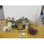 A quantity of late 20th century silver plated items, cut glass, two carriage clocks and