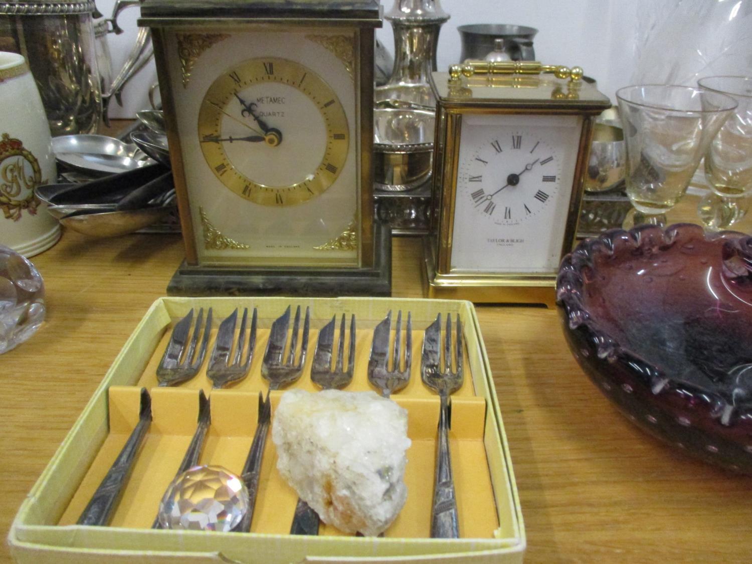 A quantity of late 20th century silver plated items, cut glass, two carriage clocks and - Image 3 of 3