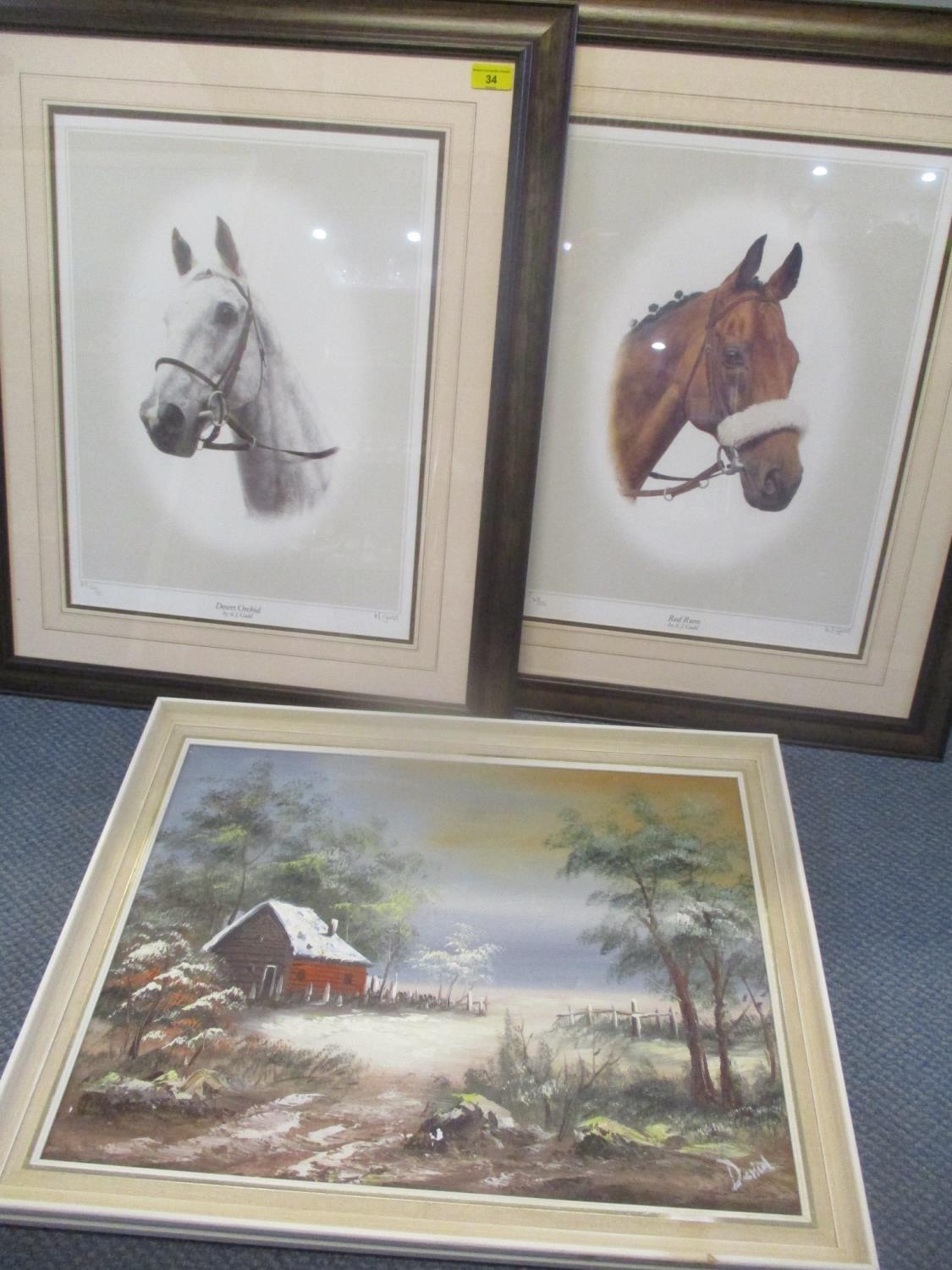 Three pictures to include two A J Gadd signed, limited edition prints depicting horses heads