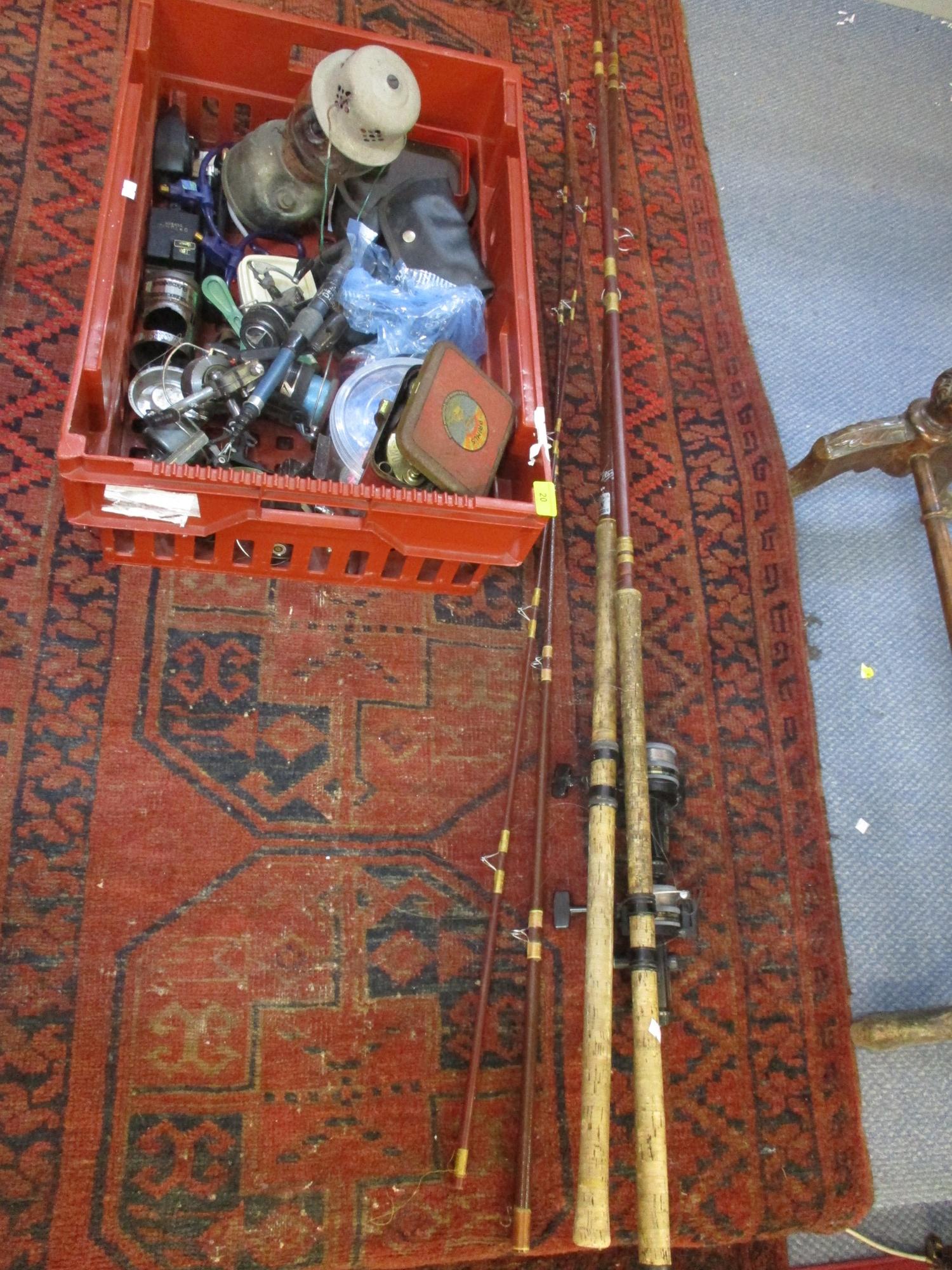 Vintage fishing and camping equipment to include Stone Leger rod and mixed reels. Location: LWB