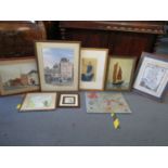A selection of paintings and prints to include a watercolour of a street scene signed Falkner '84