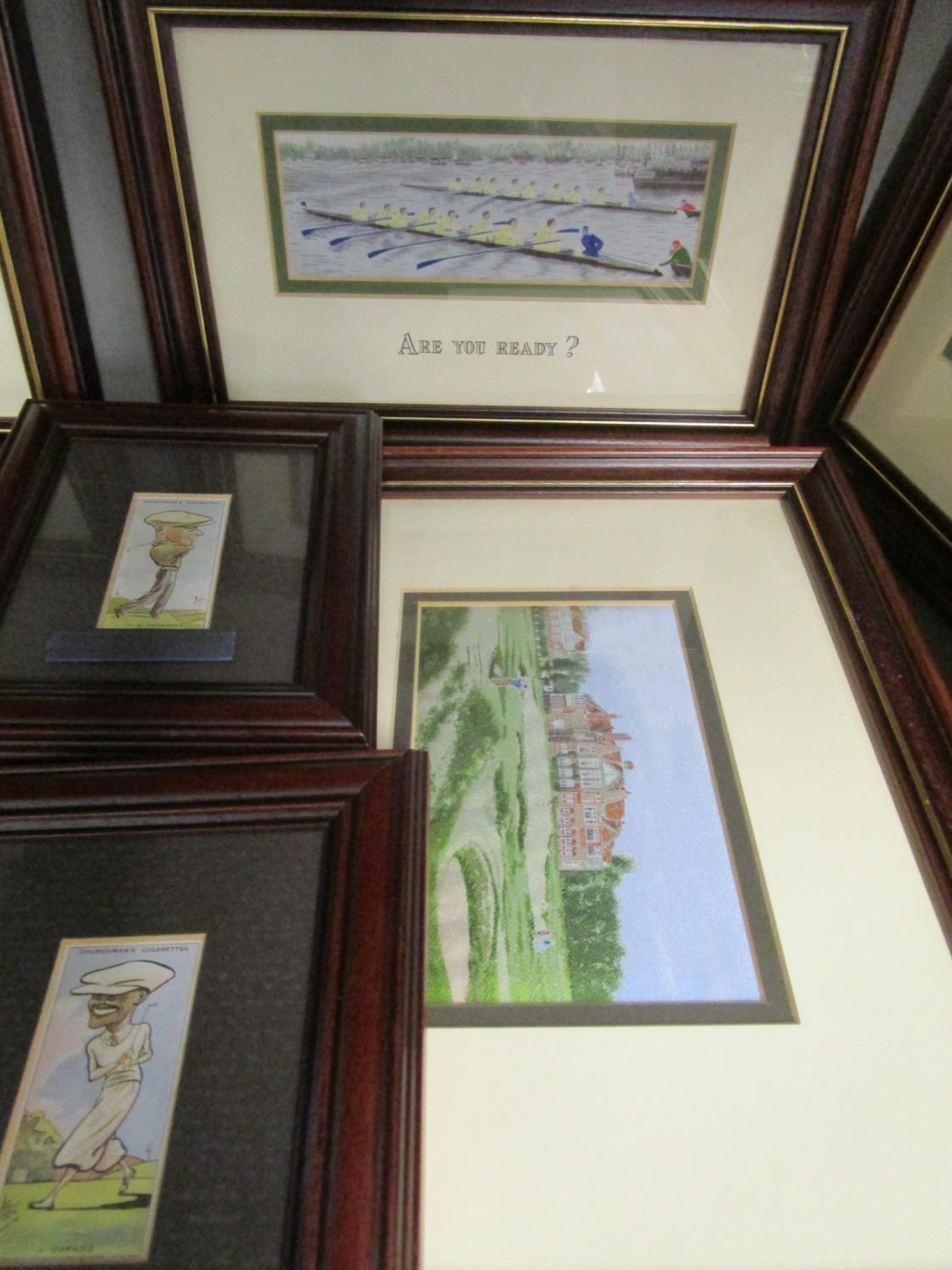 A group of six framed and glazed Cash's embroideries of sporting scenes, and a group of golfing - Image 3 of 5