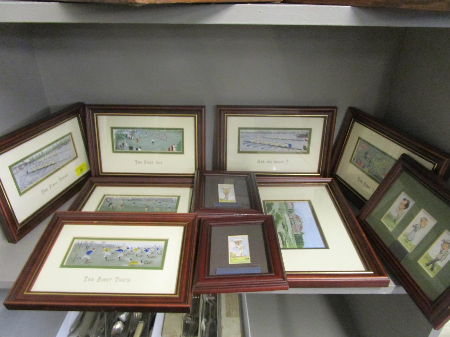 A group of six framed and glazed Cash's embroideries of sporting scenes, and a group of golfing