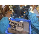 A small mixed lot to include an antique lock and key, ski boots and other items