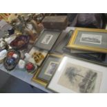 A mixed lot to include framed engravings, bookends, silver plated candlesticks, Derby posies