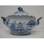 A late 18th century Chinese tureen and cover with a domed lid and wave finial, a bellied, tapered