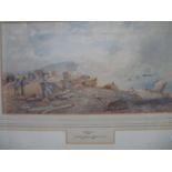 Thomas Sewell Robins - ;Seaford', a coastal scene with two men hauling in a boat, fishing nets,